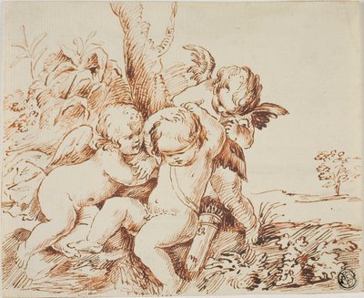 3人目を目隠しする2人のプッティ 作： Circle of Guido Reni