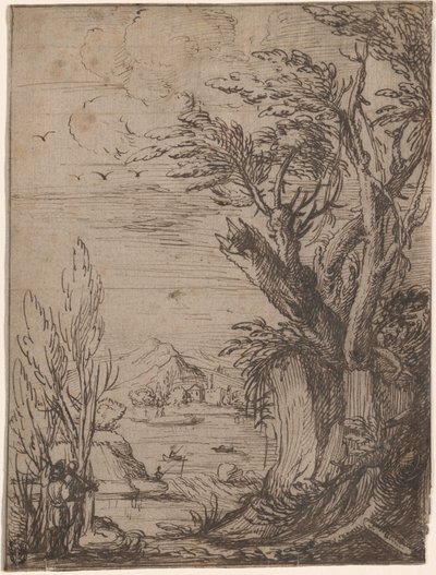 節くれだった木と漁師のいる風景 作： Circle of Jacques de Gheyn