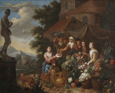 イタリアの屋台で野菜や花を売る。 作： Circle of Norbert van Bloemen