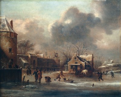 スケートの情景：町の塀の近くの氷上の人物（油彩・パネル） 作： Claes (1630 76) Molenaer