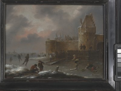 スケーターのいる冬景色、1660年頃、木に油彩 作： Claes (1630 76) Molenaer