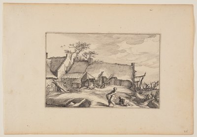 風景（Verscheyden aerdige Lanthuysen...）より「農家、手前にバスケットを運ぶ男 作： Claes Jansz. Visscher
