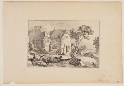風景（Verscheyden aerdige Lanthuysen...）より、中央手前に羊飼いが休んでいる農園。 作： Claes Jansz. Visscher