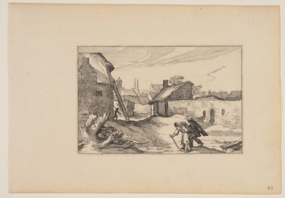 風景（Verscheyden aerdige Lanthuysen...）より「村、左の家を背に立つはしご 作： Claes Jansz. Visscher