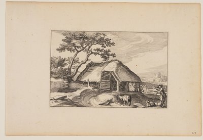 風景（Verscheyden aerdige Lanthuysen...）より「納屋、右手前の棒の上で休む群れ」。 作： Claes Jansz. Visscher