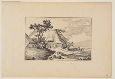 納屋、手前に卵の入った籠を持った休息する男、風景画より（Verscheyden aerdige Lanthuysen...） 作： Claes Jansz. Visscher