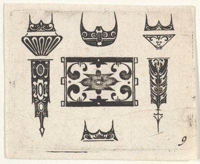 9つのモチーフのブラックワークプリント1620年。 作： Claes Jansz Visscher