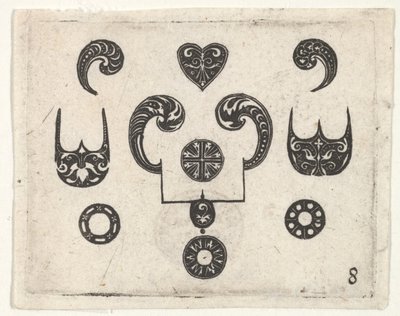 さまざまなモチーフのブラックワークプリント1620年。 作： Claes Jansz Visscher