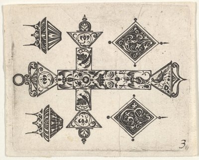 ラテンクロスと4つのモチーフのブラックワークプリント1620年。 作： Claes Jansz Visscher