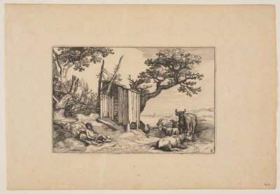 荒れ果てた納屋と牛の群れ、風景より（Verscheyden aerdige Lanthuysen...） 作： Claes Jansz. Visscher