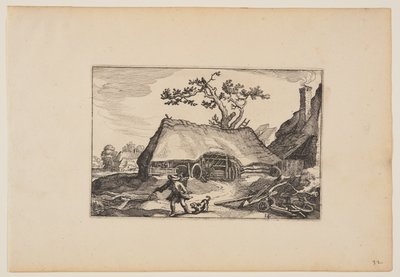 荷車小屋のある農場、吠える犬を連れた男、風景より 作： Claes Jansz. Visscher
