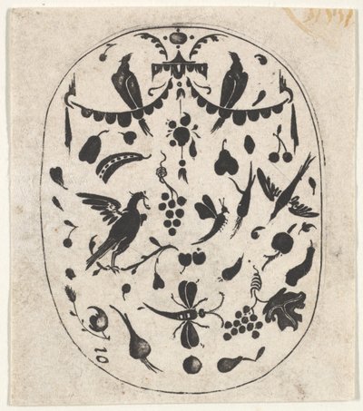 鳥、昆虫、果物を使った楕円形のブラックワークプリント1620年。 作： Claes Jansz Visscher