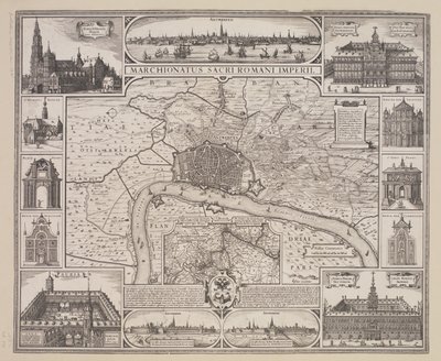 都市と主要な建物の目論見書を含むアントワープの平面図 作： Claes Jansz. Visscher