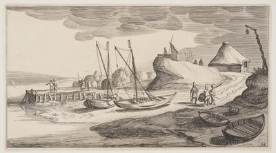 監視塔の近くに停泊するボート（風景画より）Playsante Lantschappen 作： Claes Jansz. Visscher II