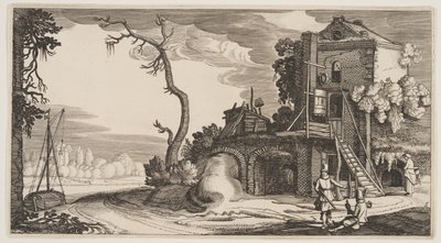 川のそばで宿屋として使われた四角い塔（『風景』より） 作： Claes Jansz. Visscher II
