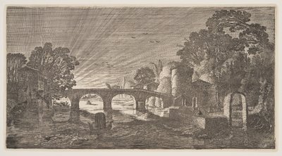 風景（プレイサンテ・ランツシャッペン）より「川に沈む夕日 作： Claes Jansz. Visscher II