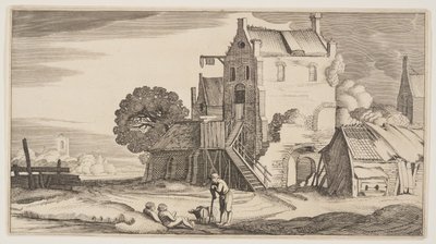 宿の近くで会話する3人の人物《風景》より（プレイサンテ・ランツシャッペン） 作： Claes Jansz. Visscher II