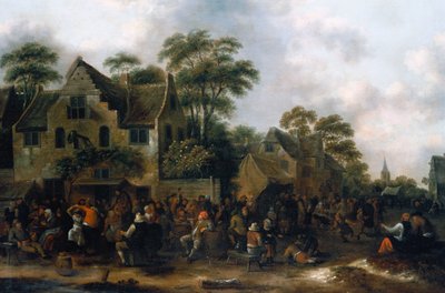 村のストリートで踊り、ごちそうをする農民 作： Claes Molenaer