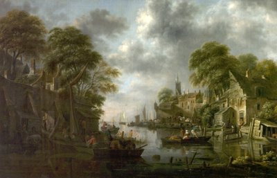 ボートとフィギュアのある川の情景、1665年 作： Claes Molenaer