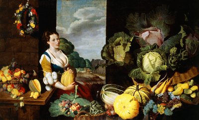 果物と野菜の屋台で若い女性 作： Claes van Heussen