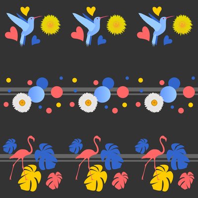 鳥、花、スポット、ストライプ 作： Claire Huntley