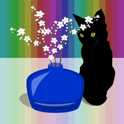 青いガラスの花と黒猫の花瓶 作： Claire Huntley
