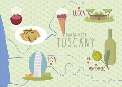ルッカとピサ、トスカーナ、イタリアの地図 作： Claire Huntley
