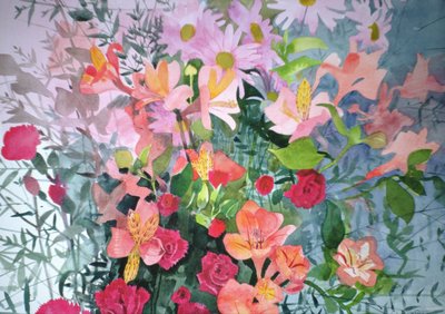 ピンクの花束（紙に水彩） 作： Claire Spencer