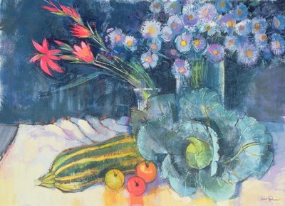 果物と花のある静物 作： Claire Spencer