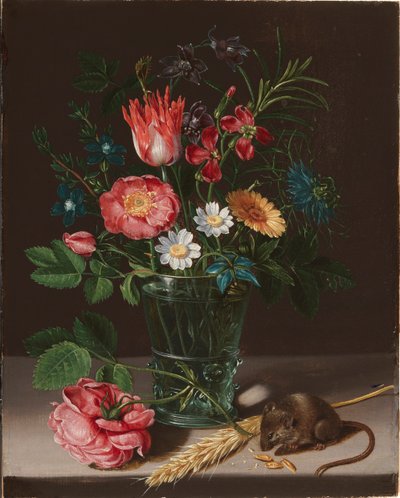 かじっているマウスと花瓶の花。 作： Clara Peeters