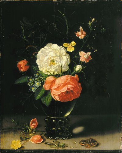 バッタとカエルの花瓶の花。 作： Clara Peeters