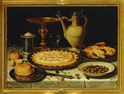 静物 - ローストチキン、パンとオリーブの食事 ... 作： Clara Peeters