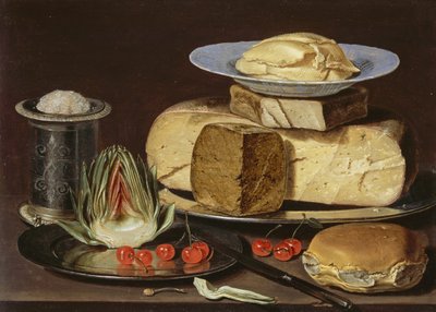 チーズ、アーティチョーク、チェリーのある静物、1625年 作： Charlotte Evans