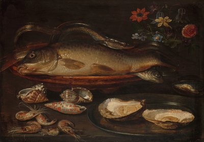 魚、海の幸、花のある静物 作： Clara Peeters