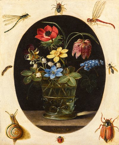 昆虫とカタツムリに囲まれた花のある静物画 作： Clara Peeters