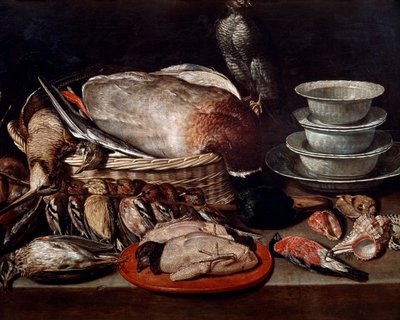 鳥、貝、陶器の静物画 作： Clara Peeters