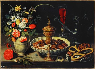 テーブルにはピッチャー、花、ドライフルーツ...。 作： Clara Peeters