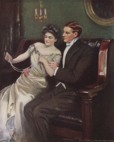 真珠のネックレスを贈り物として受け取る女性 作： Clarence F. Underwood