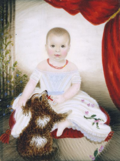 ガラガラと犬を連れた赤ちゃん 1842年 作： Clarissa Peters