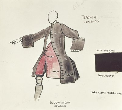 1921年の乞食オペラのピーチャムの衣装デザイン（紙にペン、インク、トイレ） 作： Claud Lovat Fraser