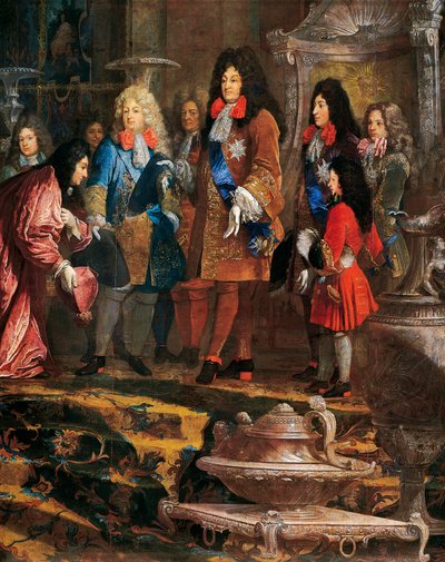 1685年5月、ジェノバのドージェから提出物を受け取るルイ14世、クローデ・ギー・ハレ（1652-1736）の絵画の細部、フランス 作： Claude Guy Halle