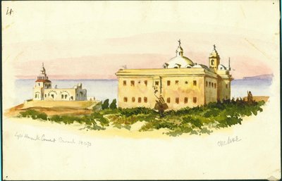 灯台と修道院、カーメル、1873年（紙に鉛筆と鉛筆） 作： Claude Conder