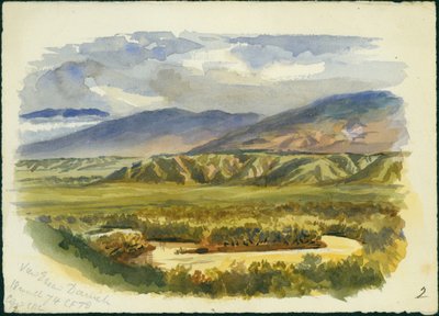 ジョーダン渓谷、1874年のダミエ付近の眺め（紙と鉛筆） 作： Claude Conder