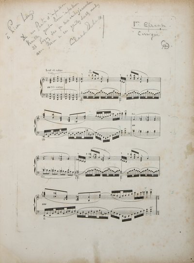 「Ladamoiselleelue」の最初の修正された証明からのページ、c.1887-88 作： Claude Debussy