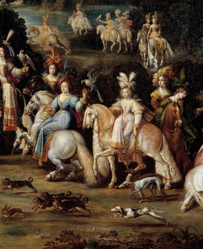 鷹を狩るエキュイエール クロード・デルエ（1588-1662）の絵画からのディテール。ディム。1,14 x 2,58 m 作： Claude Deruet