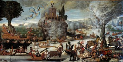 4つの要素です。水のシーン冬の風景、ルイ13世はネプチューン、アンネ・オブ・オーストリアはアンフィトリテ、王子と未来の王ルイ14世は船に乗って表現されています。クロード・デルエ（1588-1662）による絵画。寸法2,27 x 1,12 m。1640年から1641年。オルレアンミュージアム・オブ・ 作： Claude Deruet