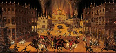 四元素：火。ルイ13世の時代に行われたショーと馬上槍試合。右側では衣装王が馬に乗ってショーに参加し、リシュリュー枢機卿がバルコニーからその様子を観察しています。クロード・ドゥルエ（1588-1662）による絵画 1640 O 作： Claude Deruet