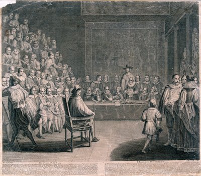 チャールズ1世の裁判、ウェストミンスター宮殿、c1725 作： Claude Dubosc