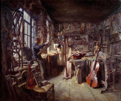 楽器でいっぱいの彼のワークショップの修復者。 クロード・フィルマン (1864-1944) の絵画 1896 年 アヴィニョン美術館 カルヴェ 注目！ この作品の使用は、第三者の承認要求または追加料金の対象となる場合があります 作： Claude Firmin