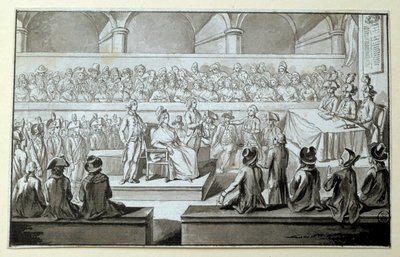 革命裁判所の前のフランス女王マリー・アントワネット: 1793 年 10 月 14、15、16 日 彼の訴訟で弁護した弁護士は、クロード・フランソワ・ショヴォー・ラガルド (1756-1841) です。 黒インクで描く 0,097x0,15m。 パリ、ルーブル美術館 作： Claude Francois Chauveau Lagarde